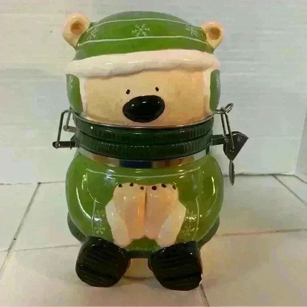 Conagra Brands Ceramic Teddy Bear Cookie Jar  Porcelain  Treat Jar Green Winter